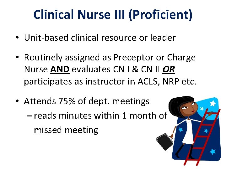 Clinical Nurse III (Proficient) • Unit-based clinical resource or leader • Routinely assigned as