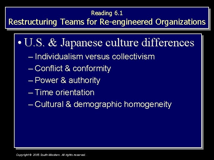 Reading 6. 1 Restructuring Teams for Re-engineered Organizations • U. S. & Japanese culture