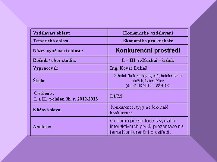 Vzdělávací oblast: Ekonomické vzdělávání Tematická oblast: Ekonomika pro kuchaře Název vyučovací oblasti: Konkurenční prostředí