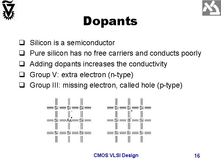 Dopants q q q Silicon is a semiconductor Pure silicon has no free carriers