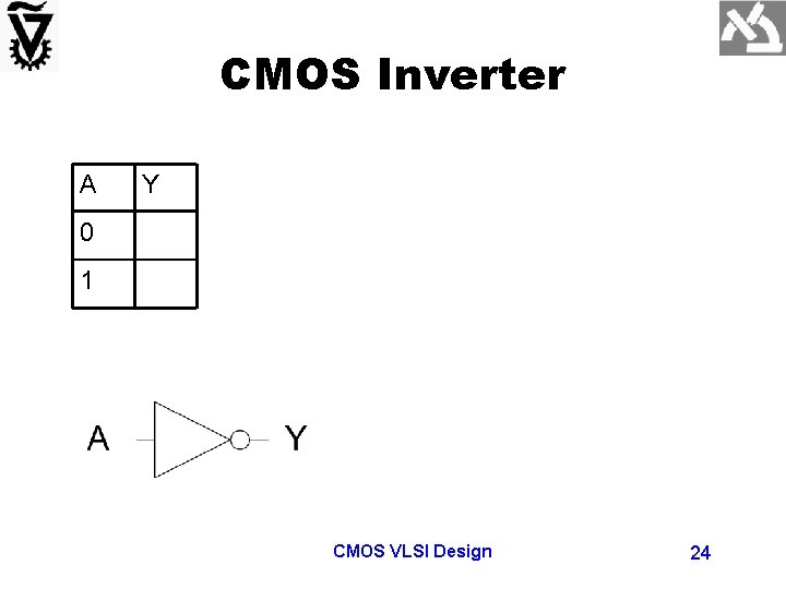 CMOS Inverter A Y 0 1 CMOS VLSI Design 24 
