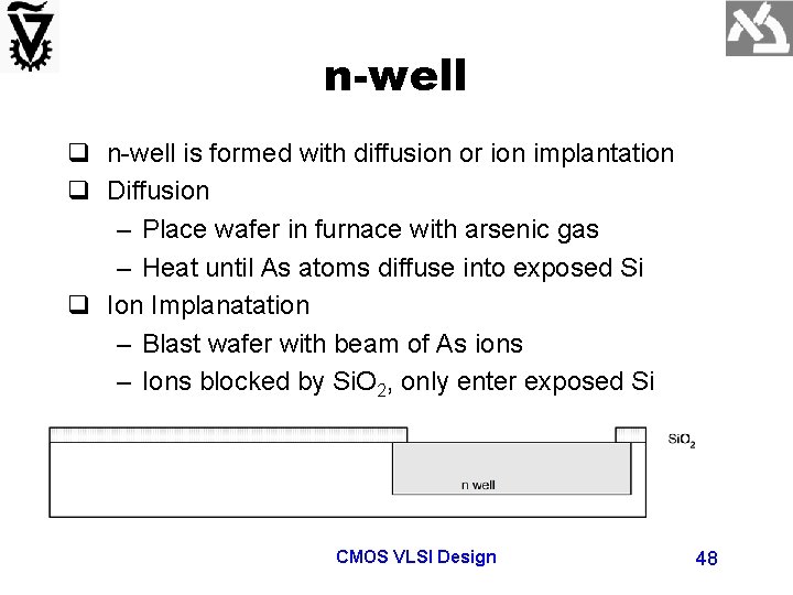 n-well q n-well is formed with diffusion or ion implantation q Diffusion – Place