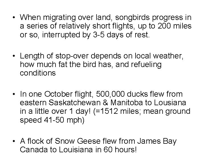  • When migrating over land, songbirds progress in a series of relatively short