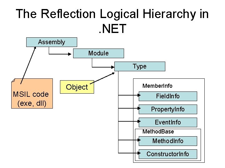 The Reflection Logical Hierarchy in. NET Assembly Module Type MSIL code (exe, dll) Object