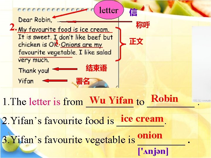 letter 2. _________ 3. __________ 信 称呼 正文 结束语 署名 Robin Wu Yifan to