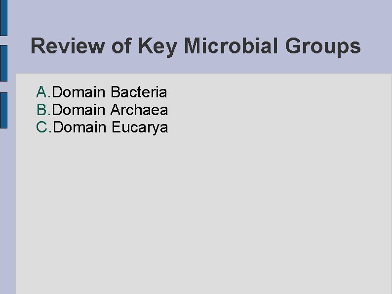 Review of Key Microbial Groups A. Domain Bacteria B. Domain Archaea C. Domain Eucarya