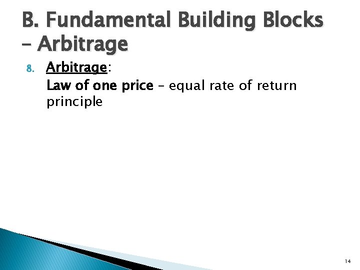 B. Fundamental Building Blocks – Arbitrage 8. Arbitrage: Law of one price – equal