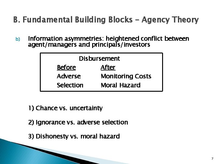B. Fundamental Building Blocks – Agency Theory b) Information asymmetries: heightened conflict between agent/managers