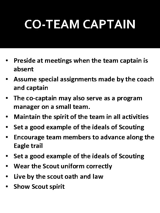 CO-TEAM CAPTAIN • Preside at meetings when the team captain is absent • Assume CO-TEAM CAPTAIN • Preside at meetings when the team captain is absent • Assume