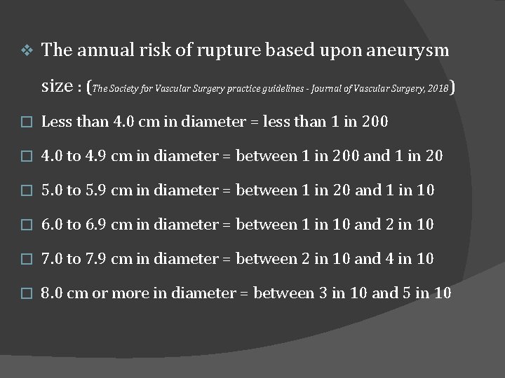 v The annual risk of rupture based upon aneurysm size : (The Society for