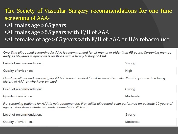 The Society of Vascular Surgery recommendations for one time screening of AAA • All