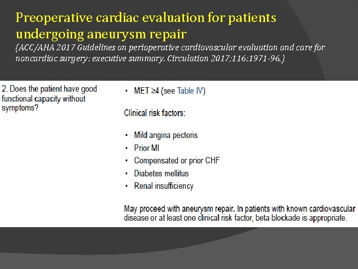 Preoperative cardiac evaluation for patients undergoing aneurysm repair (ACC/AHA 2017 Guidelines on perioperative cardiovascular