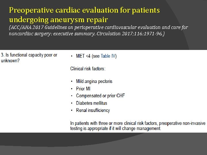 Preoperative cardiac evaluation for patients undergoing aneurysm repair (ACC/AHA 2017 Guidelines on perioperative cardiovascular