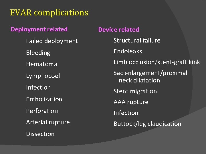 EVAR complications Deployment related Device related Failed deployment Structural failure Bleeding Endoleaks Hematoma Limb