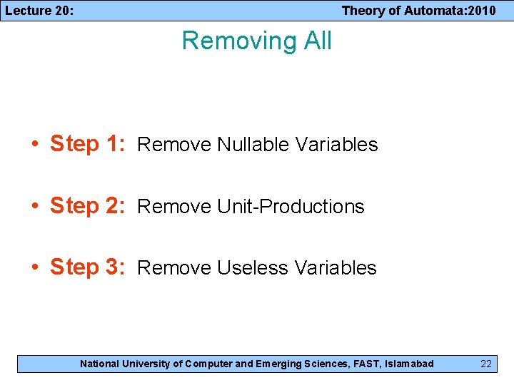 Lecture 20: Theory of Automata: 2010 Removing All • Step 1: Remove Nullable Variables Lecture 20: Theory of Automata: 2010 Removing All • Step 1: Remove Nullable Variables