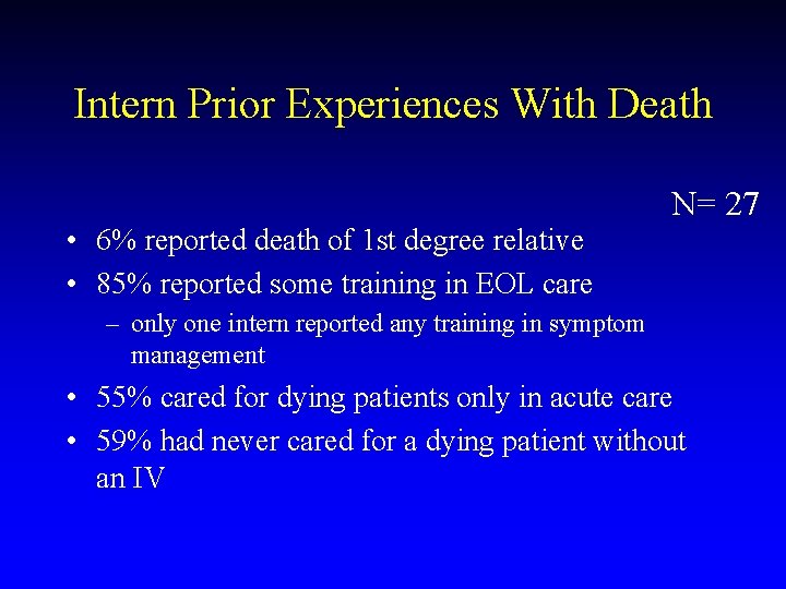 Intern Prior Experiences With Death • 6% reported death of 1 st degree relative