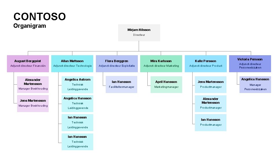 CONTOSO Organigram Mirjam Nilsson Directeur August Bergqvist Allan Mattsson Flora Berggren Mira Karlsson Kalle