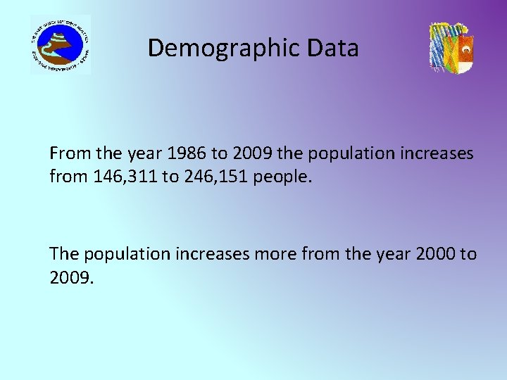 Demographic Data From the year 1986 to 2009 the population increases from 146, 311