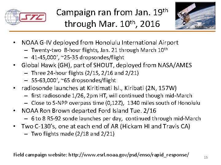Campaign ran from Jan. 19 th through Mar. 10 th, 2016 • NOAA G-IV