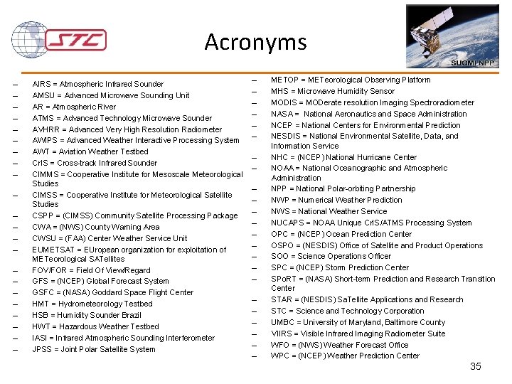 Acronyms – – – – – – AIRS = Atmospheric Infrared Sounder AMSU =