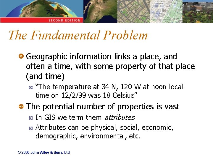 The Fundamental Problem Geographic information links a place, and often a time, with some