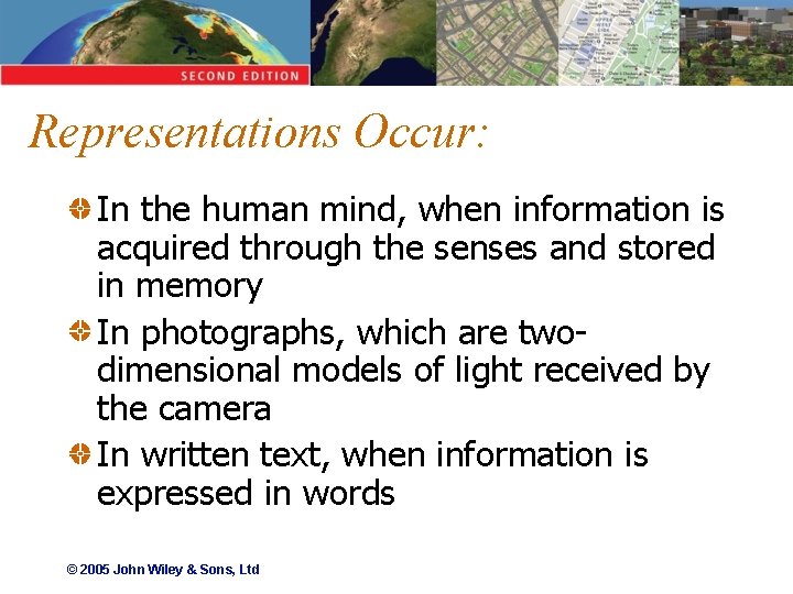 Representations Occur: In the human mind, when information is acquired through the senses and