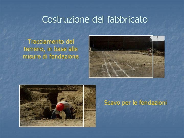 Costruzione del fabbricato Tracciamento del terreno, in base alle misure di fondazione Scavo per