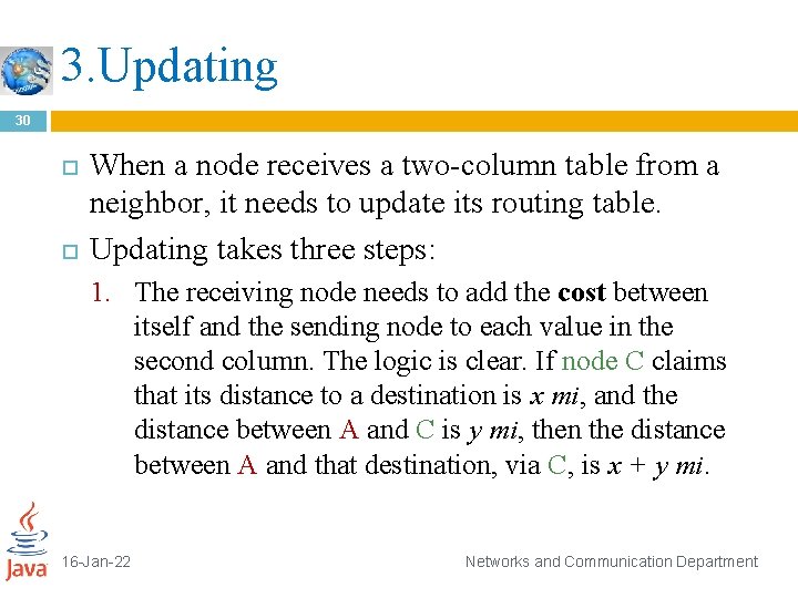 3. Updating 30 When a node receives a two-column table from a neighbor, it