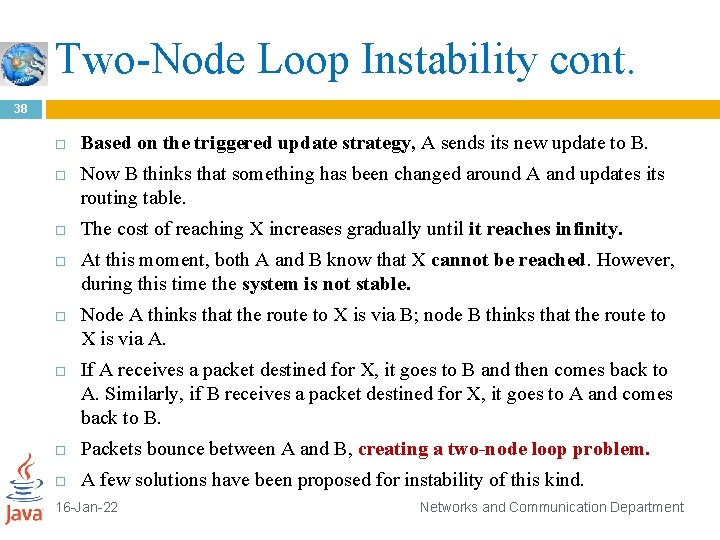 Two-Node Loop Instability cont. 38 Based on the triggered update strategy, A sends its