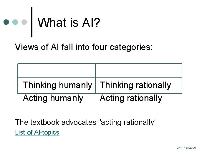 What is AI? Views of AI fall into four categories: Thinking humanly Thinking rationally