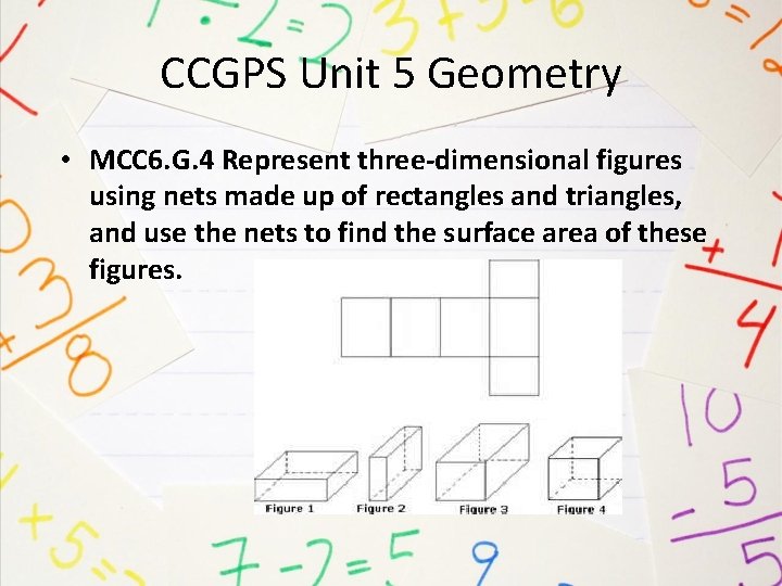 CCGPS Unit 5 Geometry • MCC 6. G. 4 Represent three‐dimensional figures using nets