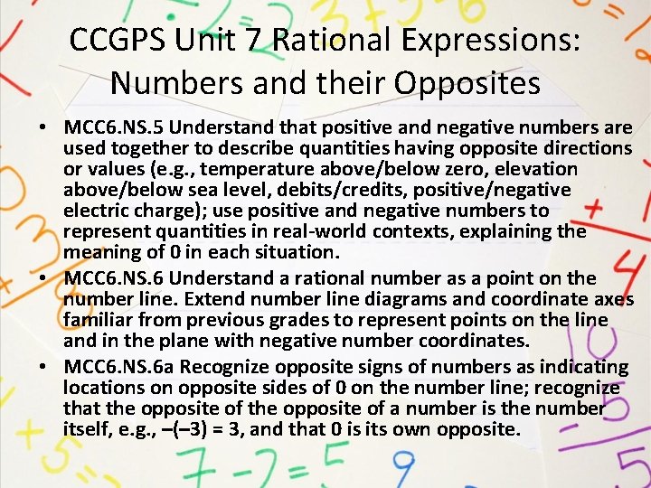 CCGPS Unit 7 Rational Expressions: Numbers and their Opposites • MCC 6. NS. 5
