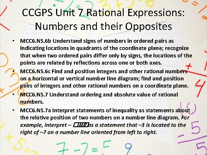CCGPS Unit 7 Rational Expressions: Numbers and their Opposites • MCC 6. NS. 6