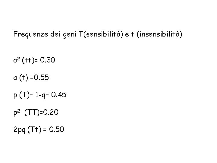 Frequenze dei geni T(sensibilità) e t (insensibilità) q 2 (tt)= 0. 30 q (t)