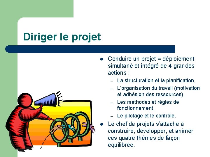 Diriger le projet l Conduire un projet = déploiement simultané et intégré de 4