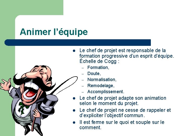 Animer l’équipe l Le chef de projet est responsable de la formation progressive d’un