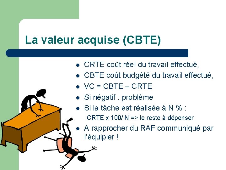 La valeur acquise (CBTE) l l l CRTE coût réel du travail effectué, CBTE