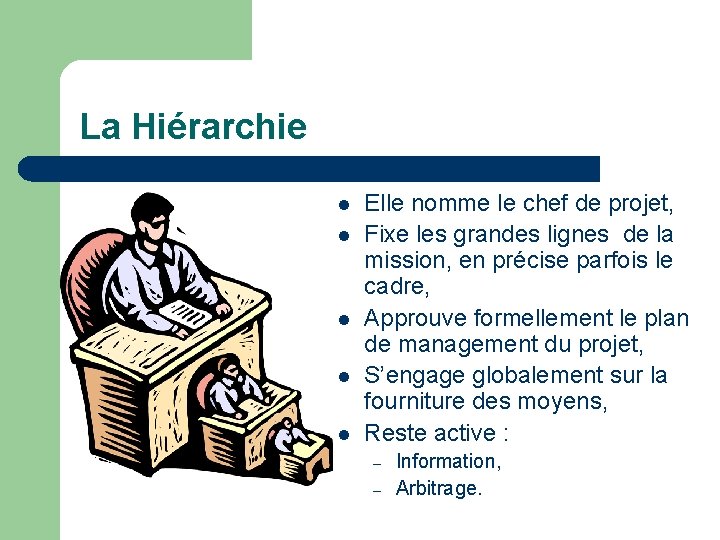 La Hiérarchie l l l Elle nomme le chef de projet, Fixe les grandes