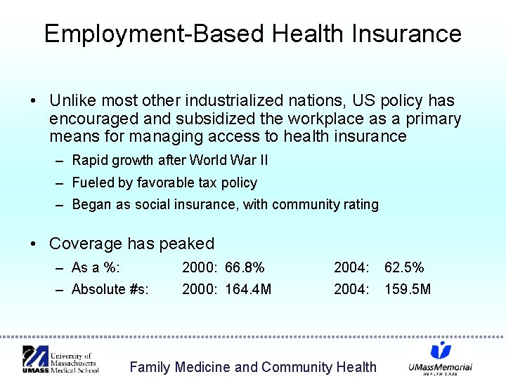 Employment-Based Health Insurance • Unlike most other industrialized nations, US policy has encouraged and