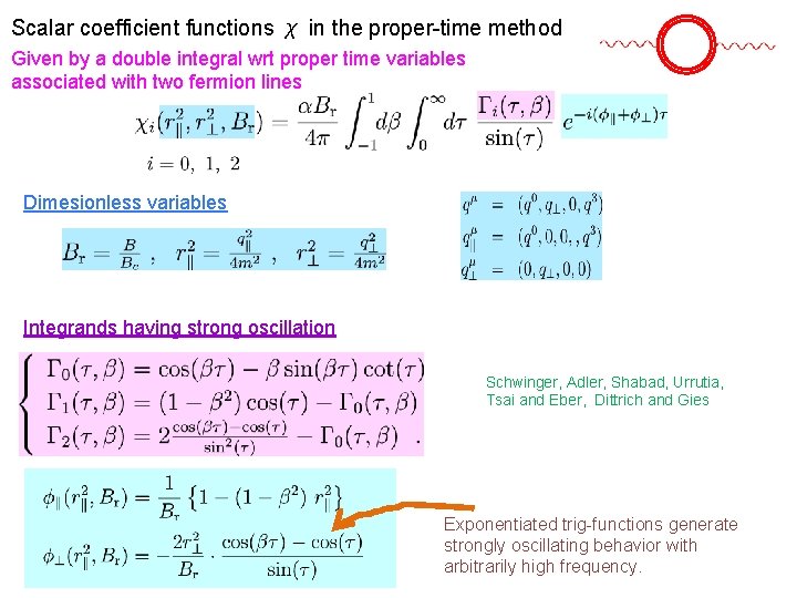 Scalar coefficient functions χ in the proper-time method Given by a double integral wrt