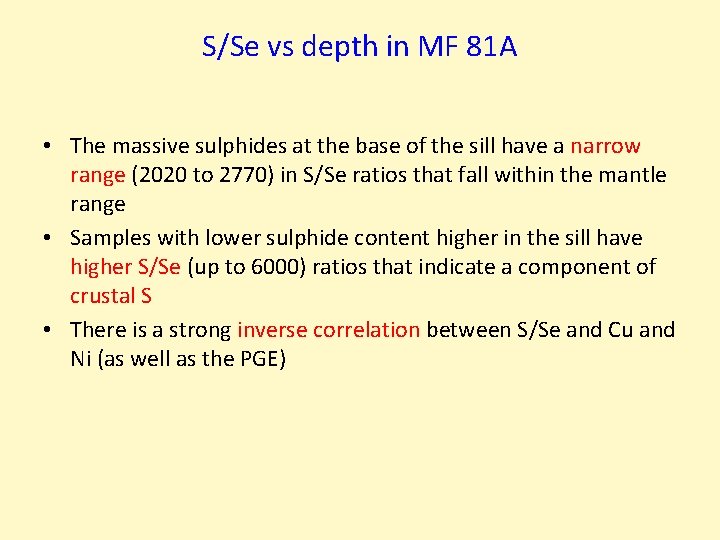 S/Se vs depth in MF 81 A • The massive sulphides at the base