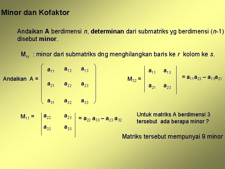 Minor dan Kofaktor Andaikan A berdimensi n, determinan dari submatriks yg berdimensi (n-1) disebut