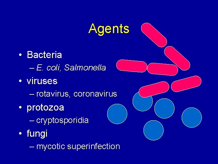 Agents • Bacteria – E. coli, Salmonella • viruses – rotavirus, coronavirus • protozoa