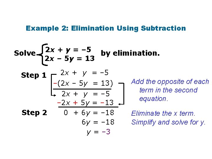 Example 2: Elimination Using Subtraction Solve 2 x + y = – 5 by