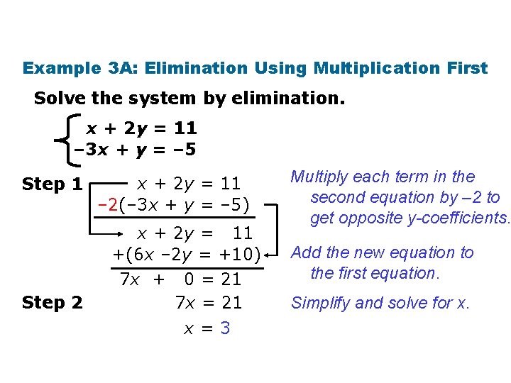 Example 3 A: Elimination Using Multiplication First Solve the system by elimination. x +