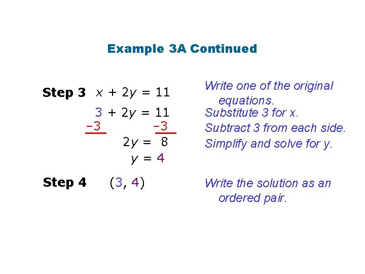 Example 3 A Continued Step 3 x + 2 y = 11 3 +