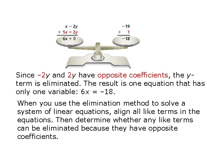 Since – 2 y and 2 y have opposite coefficients, the yterm is eliminated.