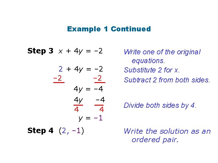 Example 1 Continued Step 3 x + 4 y = – 2 2 +
