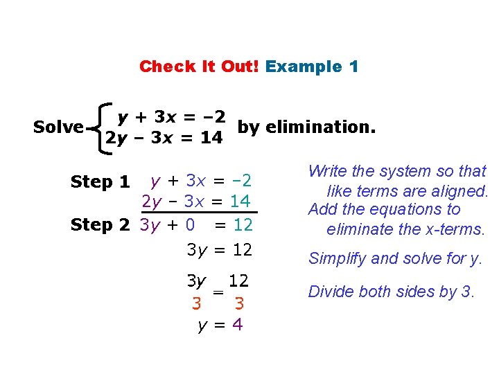 Check It Out! Example 1 Solve y + 3 x = – 2 by
