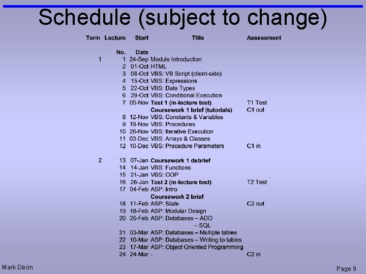Schedule (subject to change) Mark Dixon Page 9 